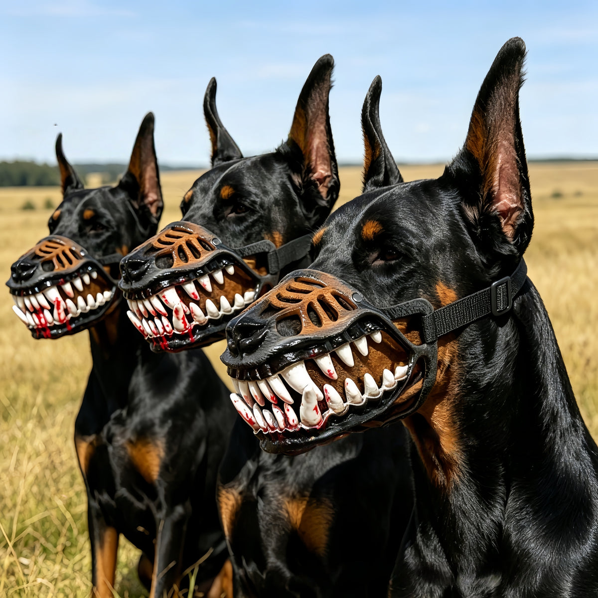 Dogs wearing the SpookSnout monster teeth muzzle