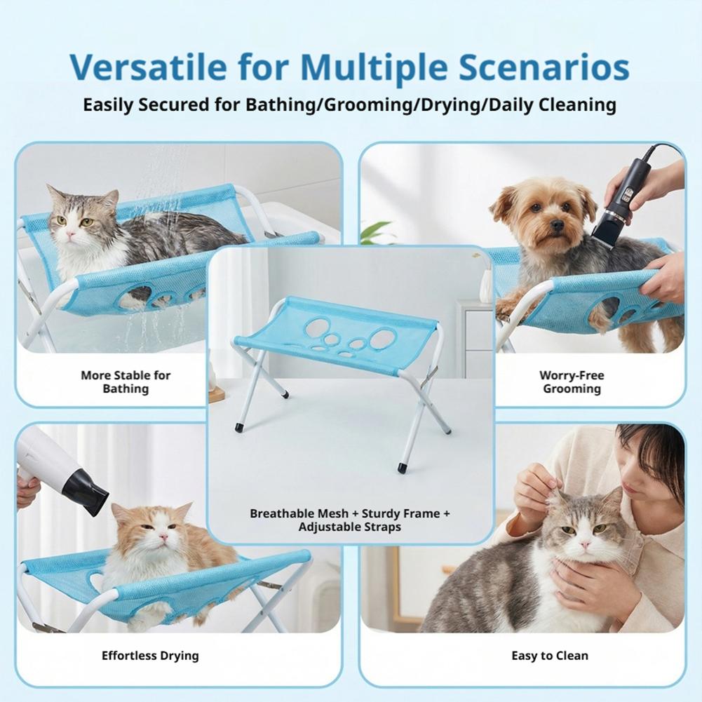 Foldable pet grooming hammock stand used for bathing, grooming and drying