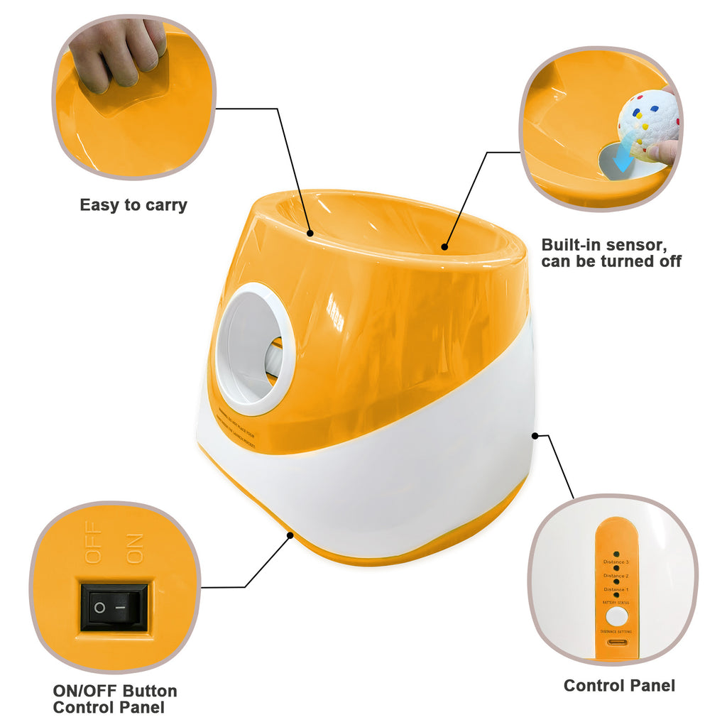 Orange dog ball launcher showing loading opening and controls