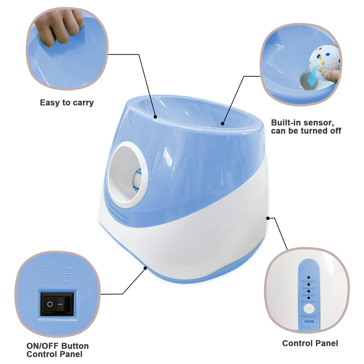 Blue dog ball launcher showing carry handle and control panel