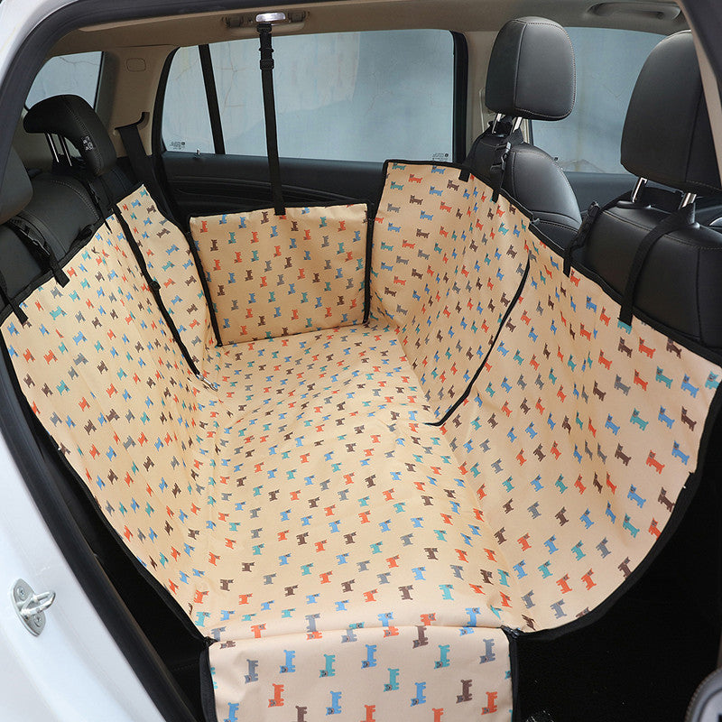 Beige patterned dog car seat cover fitted in a rear seat
