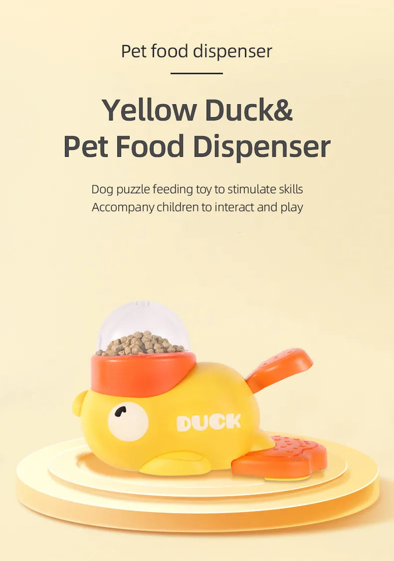 Yellow duck dog puzzle feeder with dry kibble reservoir