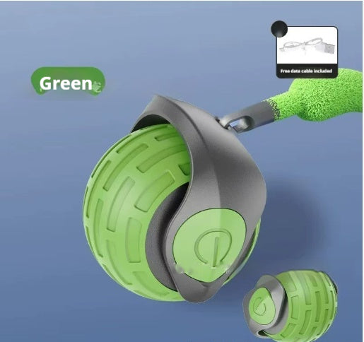 Emerald green rolling cat toy ball with teaser tail
